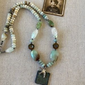 New Boho Chrysoprase Quartz & Amazonite Necklace w verdigris copper pendant …